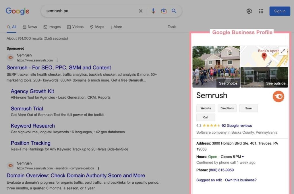 Google Knowledge Panel example on search results page