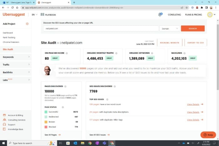Ubersuggest Dashboard Overview Screenshot