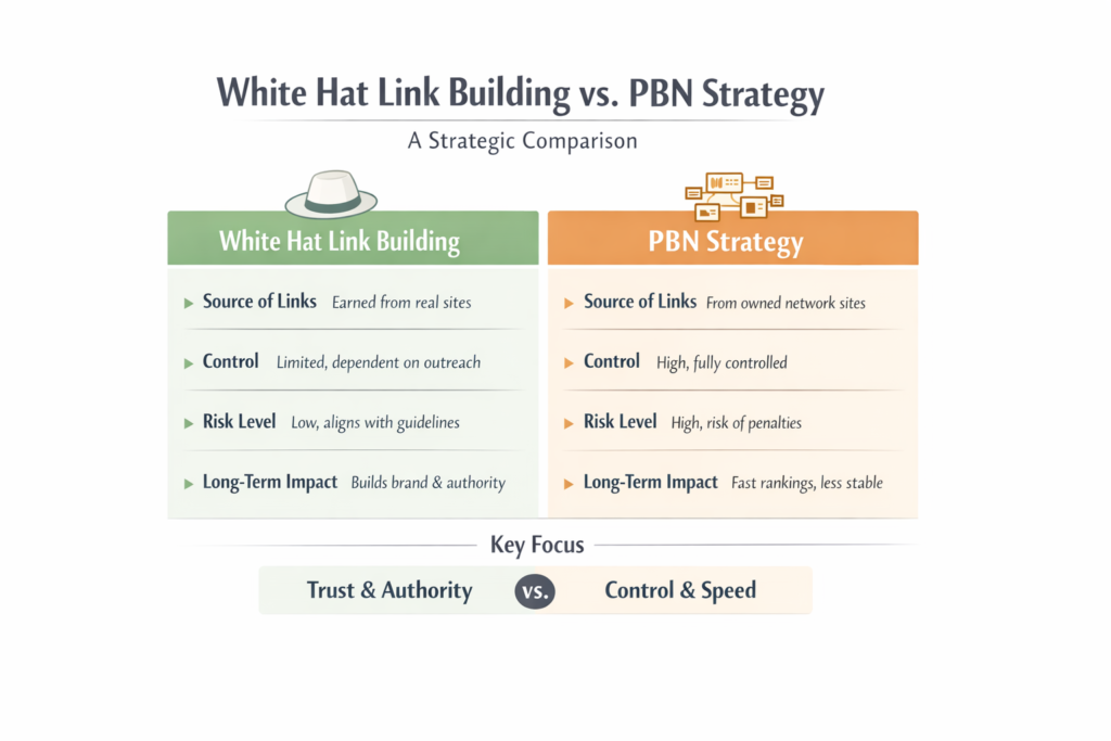 Comparison chart of white hat link building vs PBN strategy