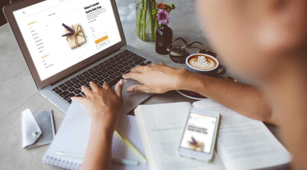 ecommerce product description writing on laptop