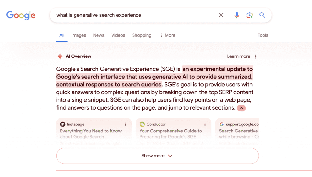 google sge search generative experience interface example