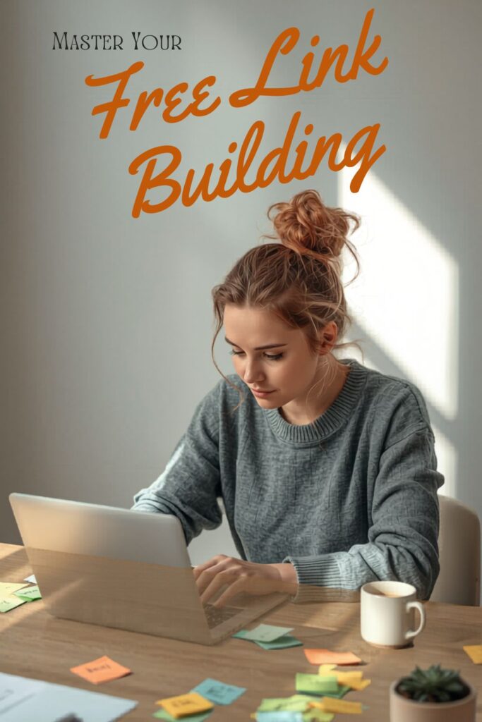 Blogger sitting at laptop planning free link building outreach strategy with sticky notes on desk