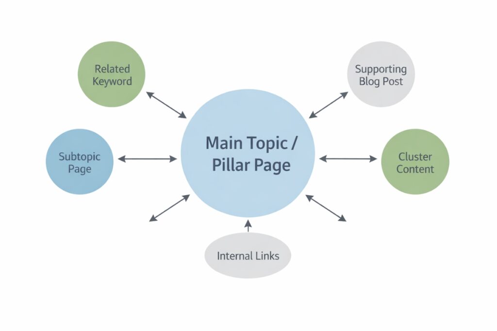 Diagram showing internal linking strategy connecting blog posts in a topic cluster