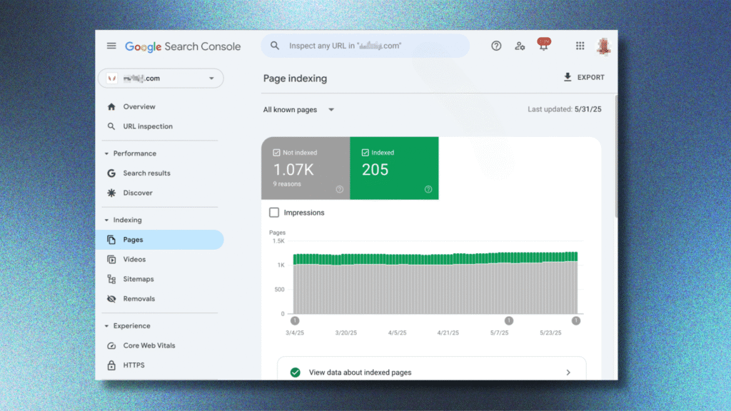 Google Search Console dashboard showing URL indexing request