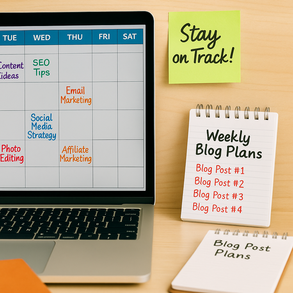Blogger planning a weekly blog posting schedule on a laptop